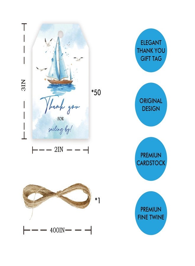 FORSHEEP 50pcs Nautical Thank You Tags, Sailboat Gift Tag with String for Boy Birthday Party, Ahoy It's a Boy Thank You Paper Tags for Nautical Themed Party Favors - Image 2